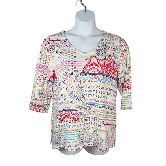 Chicos Top Womens 2 / US Large Multicolor Printed V-neck Relaxed 3/4 Sleeve - Picture 1 of 15